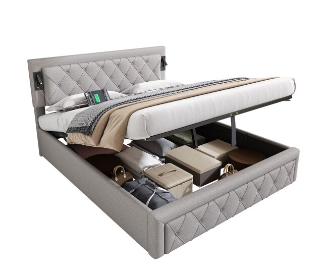 Cama de casal de linho 160x200 cm com armazenamento,cinza