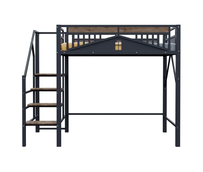 Cama alta metálica 140x200 cm - design exclusivo com janela, escada de segurança e amplo espaço de arrumação debaixo da cama - preta