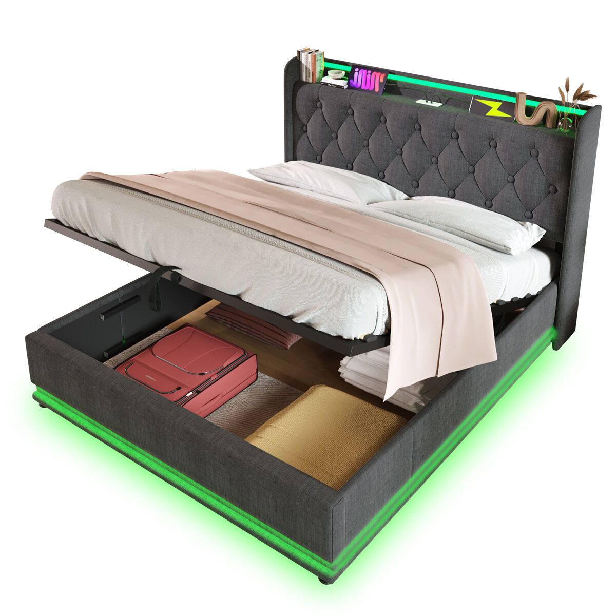 Cama de casal de linho 140x190 cm com armazenamento e luz led,cinza