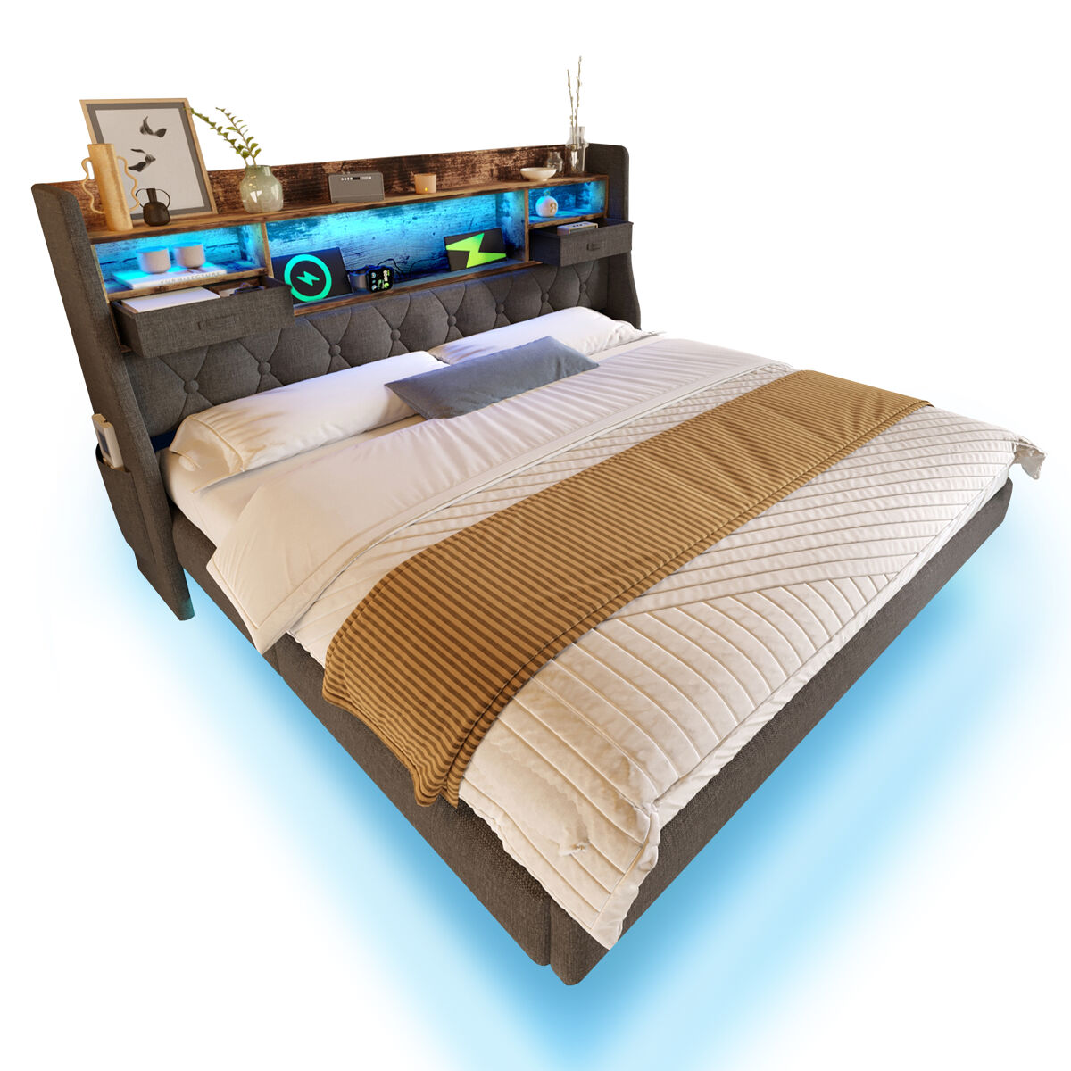 Cama de casal de linho 140x190 cm com luz led,cinza