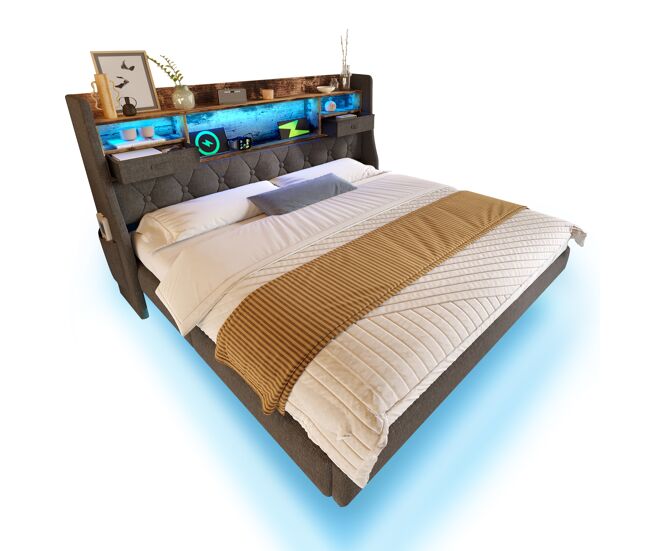Cama de casal de linho 140x190 cm com luz led,cinza
