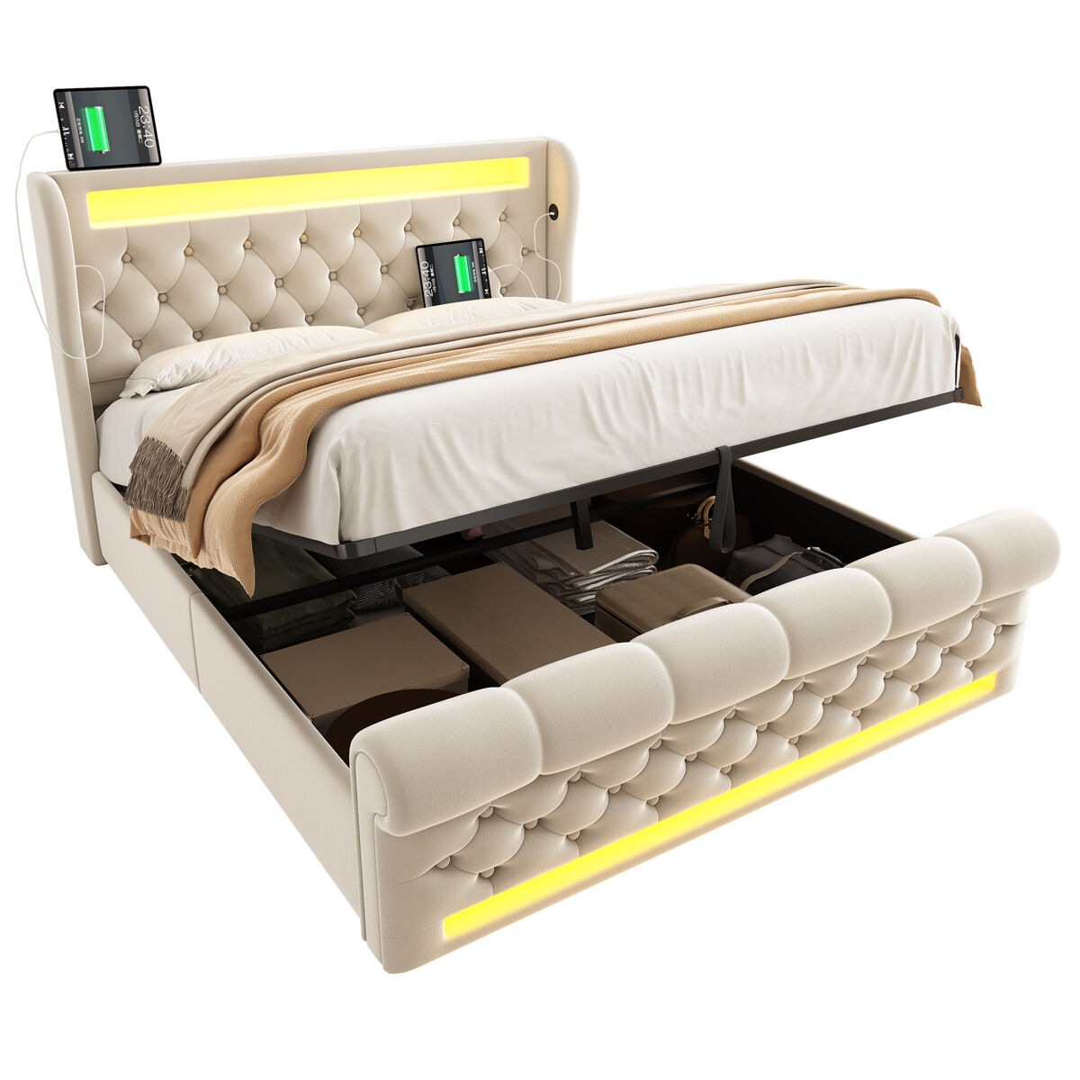 Cama de casal de veludo 140x190 cm com armazenamento e luz led,bege