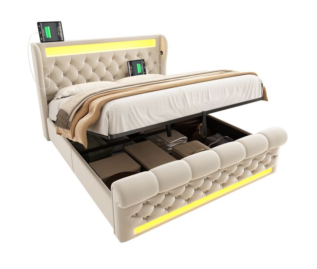 Cama de casal de veludo 140x190 cm com armazenamento e luz led,bege