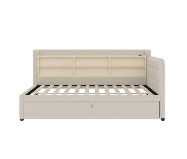 Cama tipo sofá-cama 90x200 - sofá-cama multifuncional com arrumação, usb e tipo c - bege
