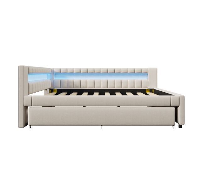 Sofá-cama 140x200 cm - cama com led, cama extra, usb + type-c, linho - bege