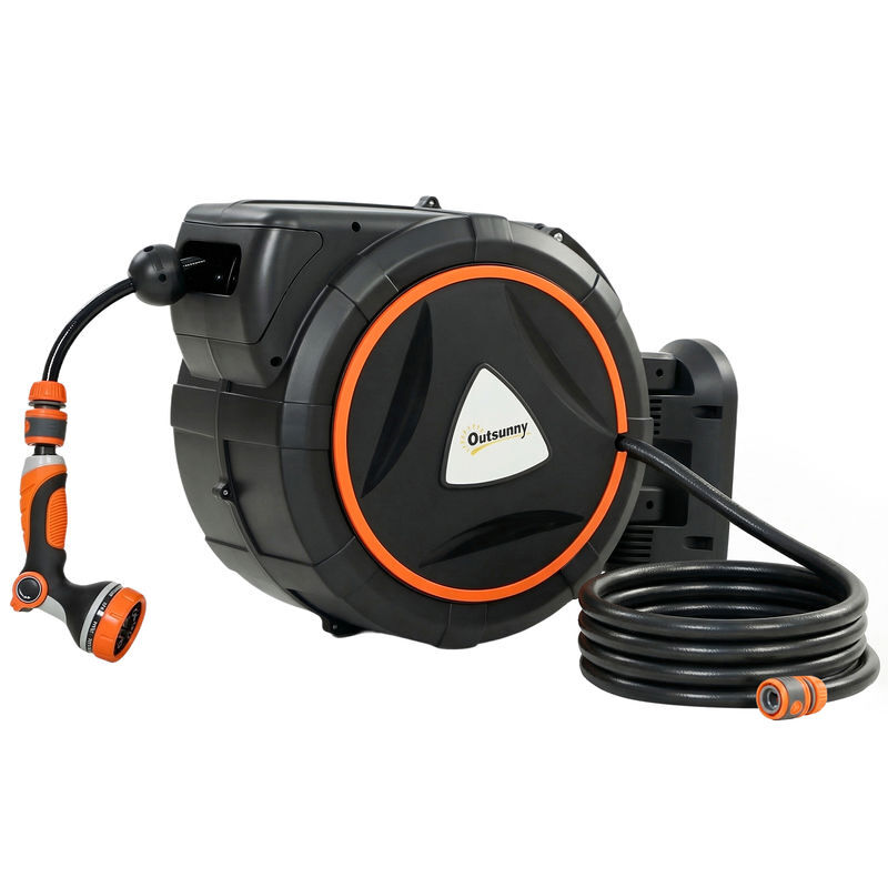 Outsunny carretel de mangueira para jardim 28+2 m com 12 modos de pulverização carretel de mangueira de jardim de parede com bloqueio automático e