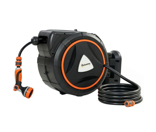 Outsunny carretel de mangueira para jardim 28+2 m com 12 modos de pulverização carretel de mangueira de jardim de parede com bloqueio automático e