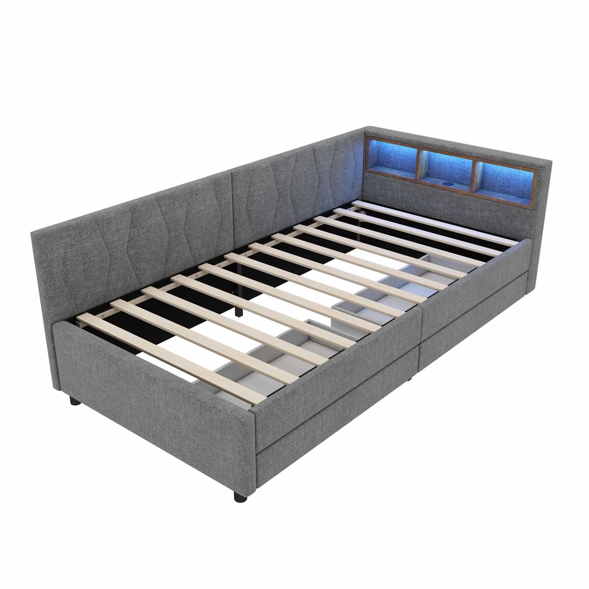 Cama de dia 90x200 cm - sofá-cama, com arrumação, usb+tipo c, luz led com comando, 2 gavetas, com estrado - cinza