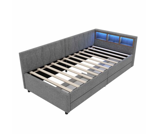 Cama de dia 90x200 cm - sofá-cama, com arrumação, usb+tipo c, luz led com comando, 2 gavetas, com estrado - cinza