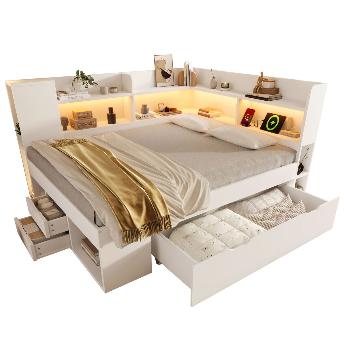 Cama de casal de madeira maciça 140x200 cm com luz led,branco