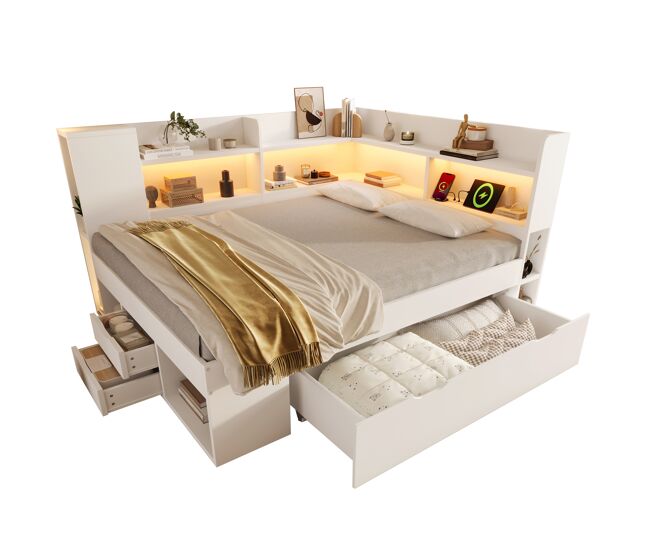 Cama de casal de madeira maciça 140x200 cm com luz led,branco