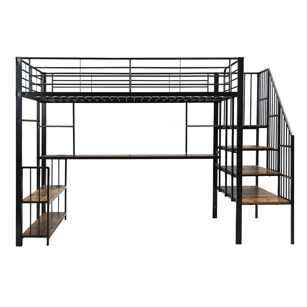 Cama loft 120x200cm - escada lateral com corrimão, porta de carga, cabides, prateleira, proteção contra tombamento - preto + nogueira escura