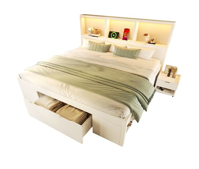 Cama de casal de madeira maciça 140x190 cm com luz led,branco
