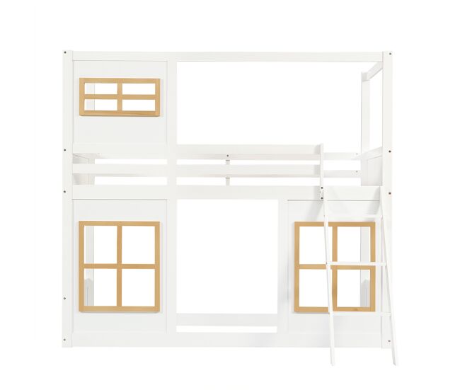 Beliche infantil 90x200 cm - com janelas, escada estável, cerca em 4 lados - branco+natural