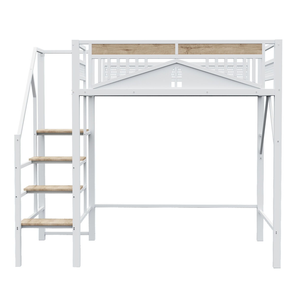 Cama alta metálica 140 x 200 cm - design exclusivo com janela, escada de segurança e amplo espaço de arrumação debaixo da cama - branco