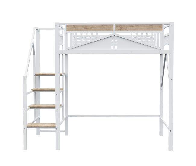 Cama alta metálica 140 x 200 cm - design exclusivo com janela, escada de segurança e amplo espaço de arrumação debaixo da cama - branco