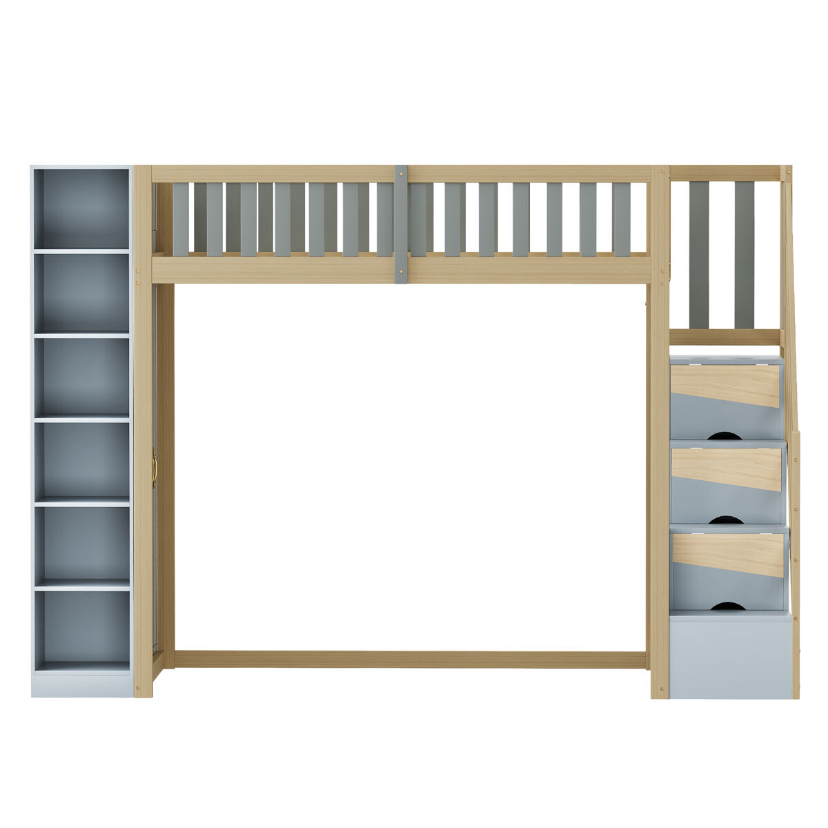 Cama alta multifuncional 90x200 cm - com prateleiras, armário e escada de segurança - cinza + madeira natural