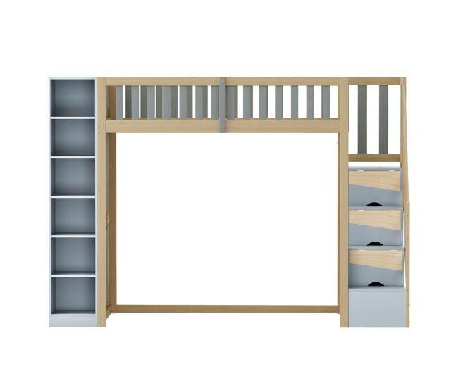 Cama alta multifuncional 90x200 cm - com prateleiras, armário e escada de segurança - cinza + madeira natural