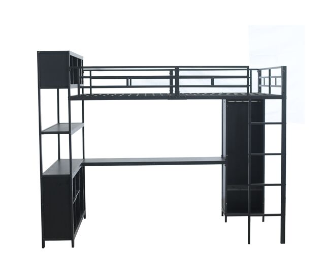 Cama loft 140x200 cm - com secretária, armário e arrumação - preto