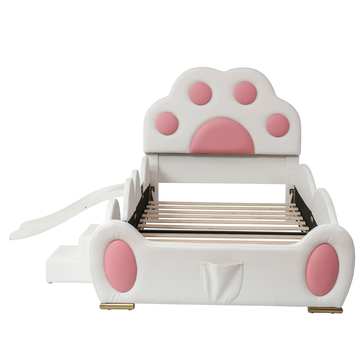 Cama infantil 90x200 - com escada, escorrega e cabeceira com orelhas de coelho - branco+rosa