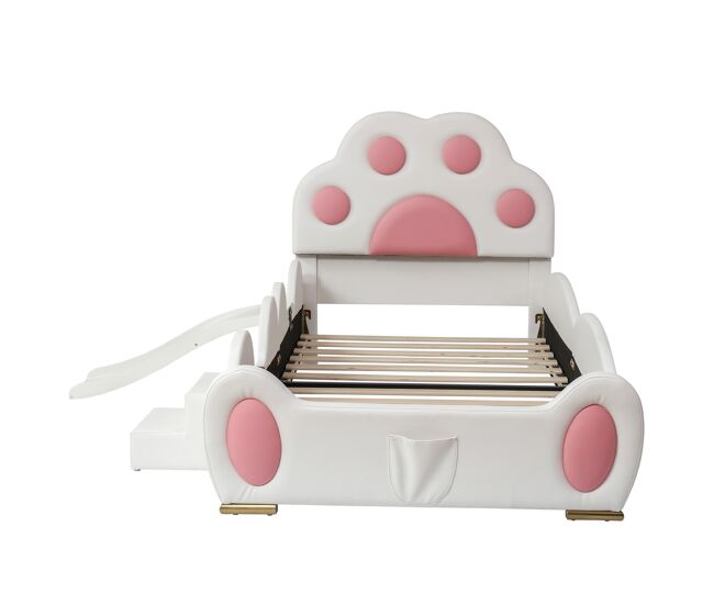 Cama infantil 90x200 - com escada, escorrega e cabeceira com orelhas de coelho - branco+rosa