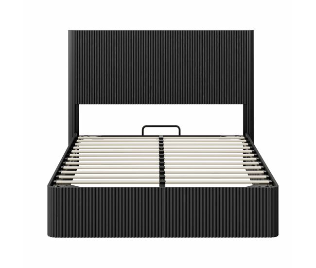 Cama moderna 140x200 cm - sistema de elevação hidráulico, amplo espaço de arrumação, ripas de madeira maciça - preto