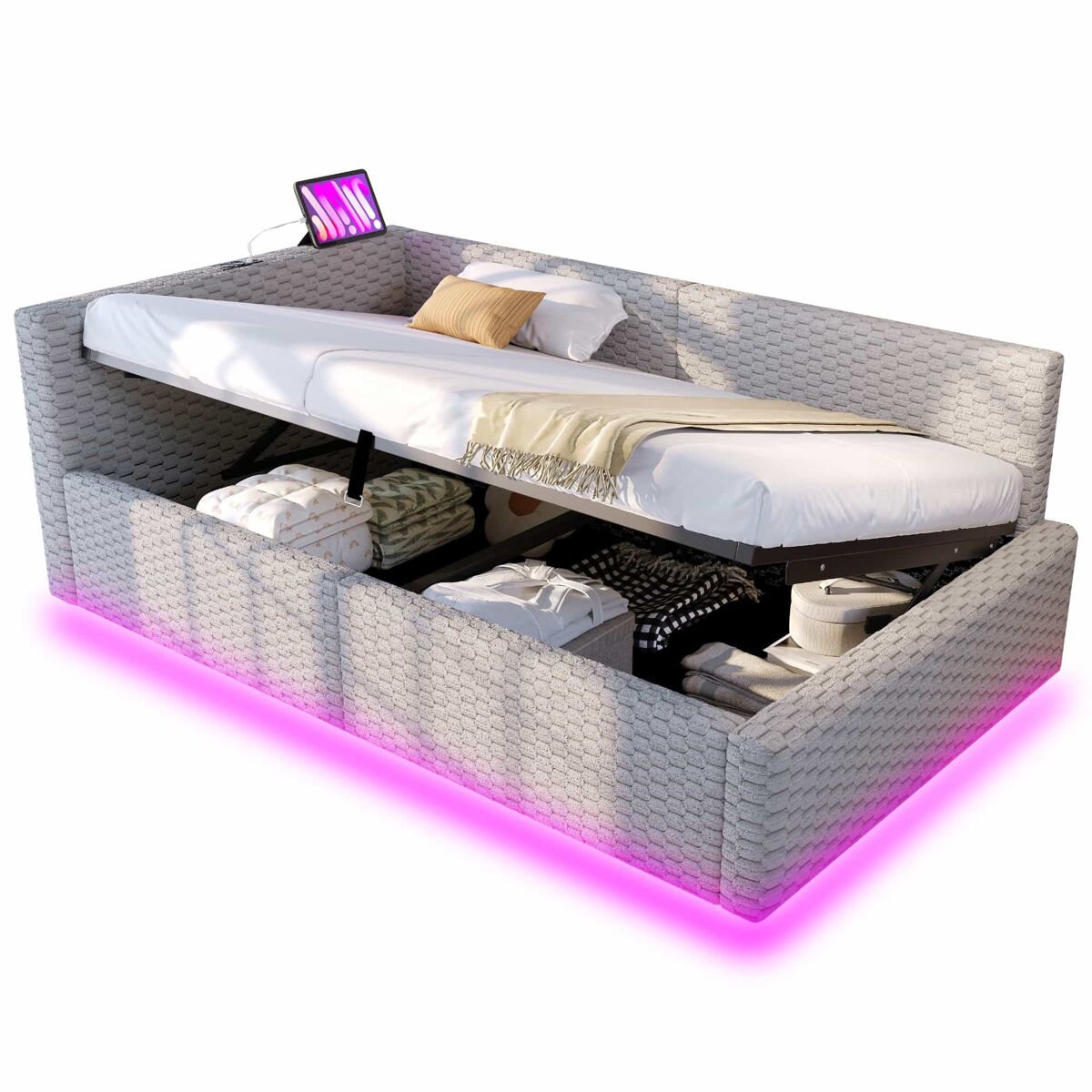 Cama estofada 90 x 200 cm – com iluminação led, portas usb e encosto l macio – gris