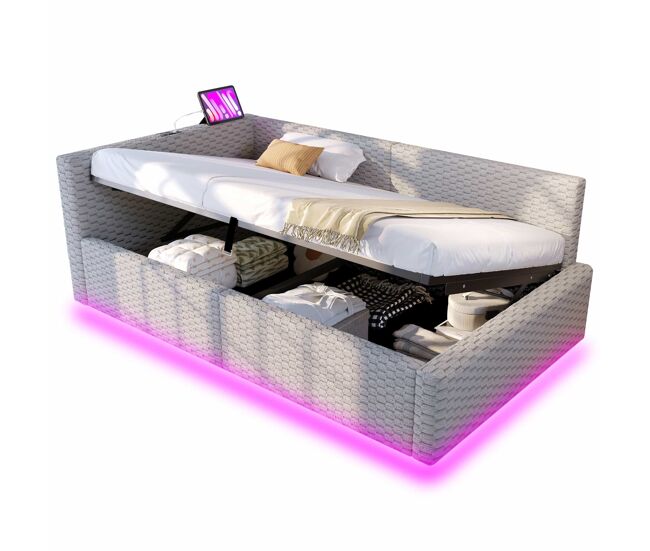 Cama estofada 90 x 200 cm – com iluminação led, portas usb e encosto l macio – gris