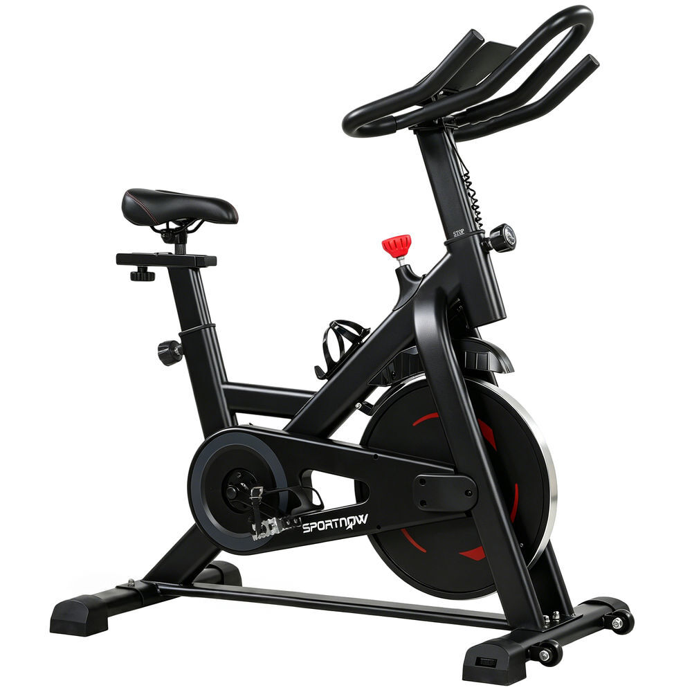 Sportnow bicicleta estática para casa com resistência magnética app bluetooth bicicleta silenciosa com ecrã lcd, volante assento e guiador ajustáveis rodas, suporte para telemóvel porta-garrafa