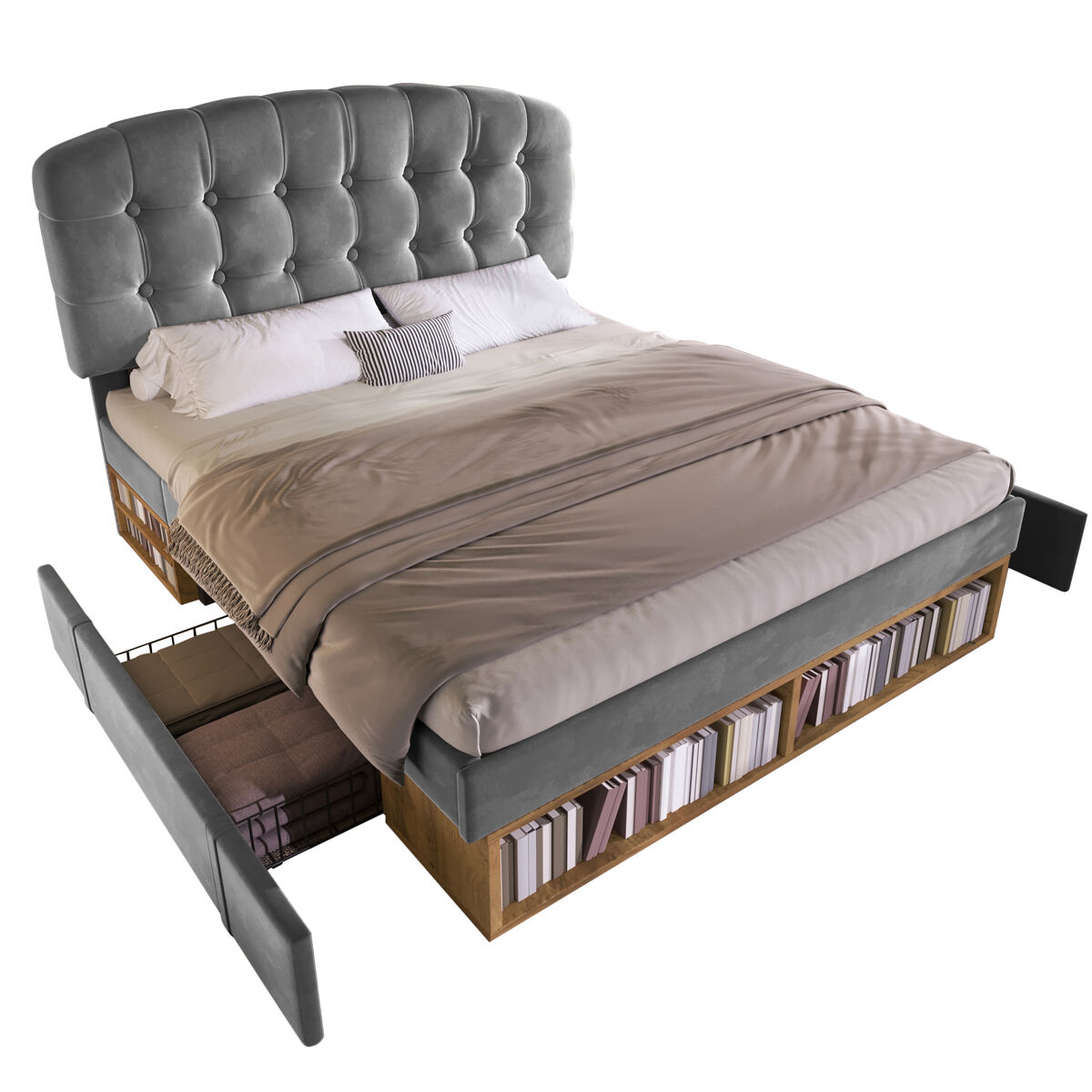 Cama de casal de veludo 140x190 cm,cinza