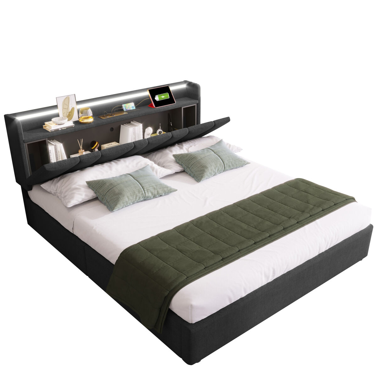 Cama de casal de linho 140x190 cm com armazenamento e luz led,cinza