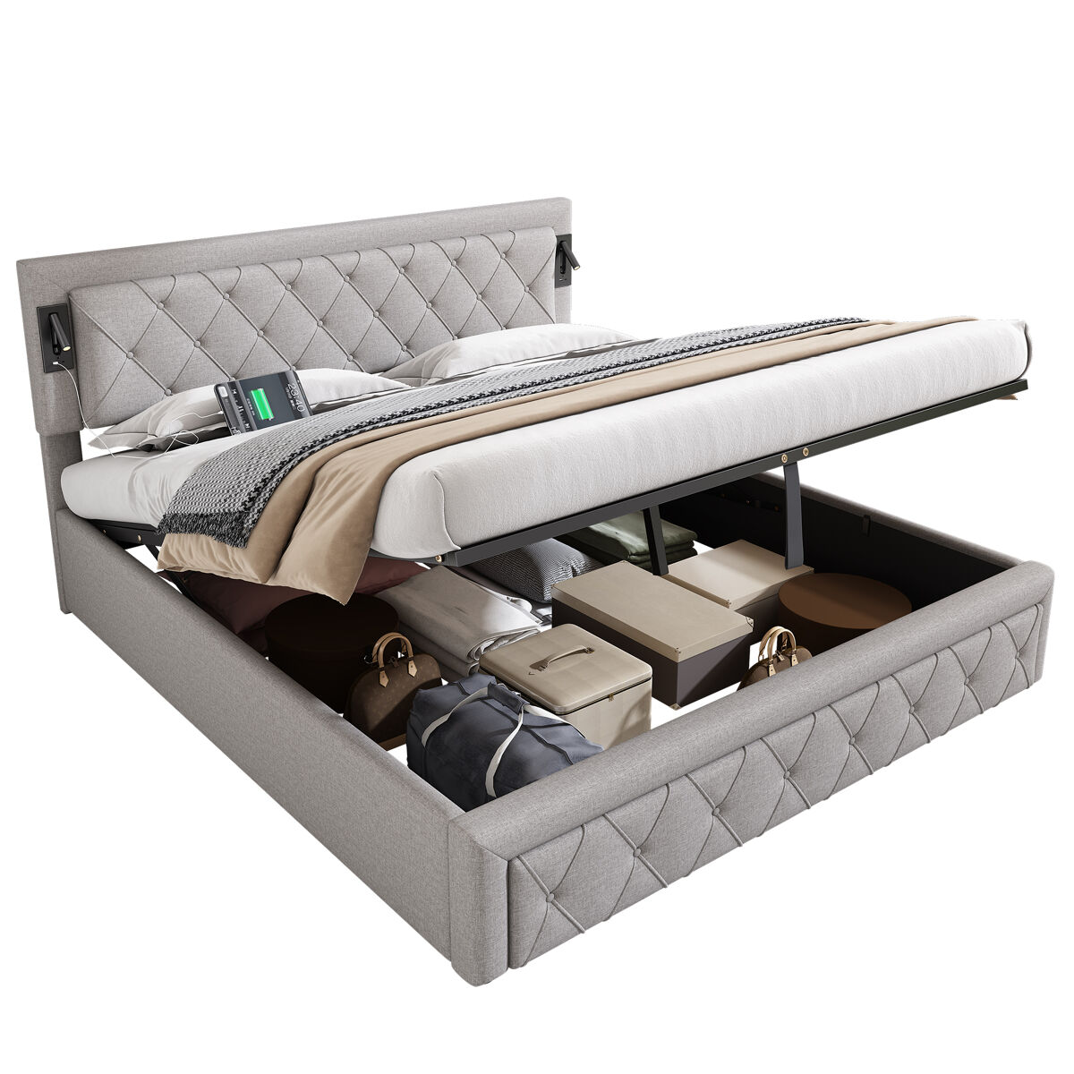 Cama de casal de linho 180x200 cm com armazenamento,cinza