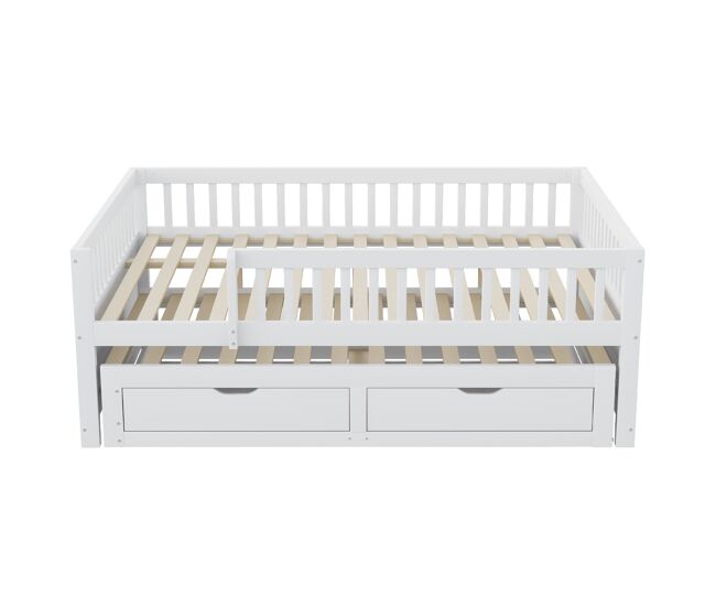 Sofá-cama em madeira maciça 140 x 200 cm - grade de segurança completa, cama extensível com 2 gavetas e estrado - branco
