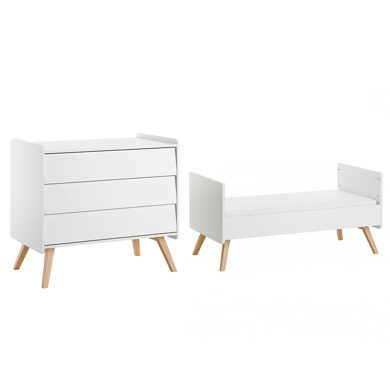 Cama extraível vox vintage blanc e madeira 70x140 e arca de 3 gavetas