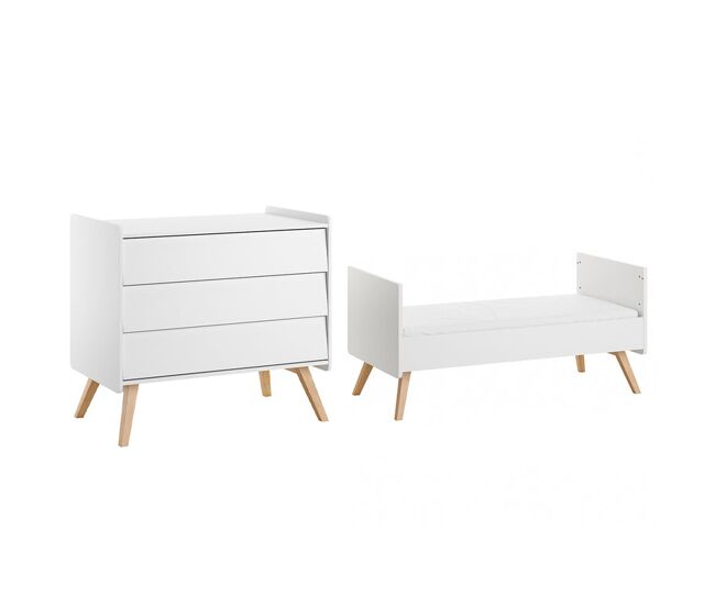 Cama extraível vox vintage blanc e madeira 70x140 e arca de 3 gavetas