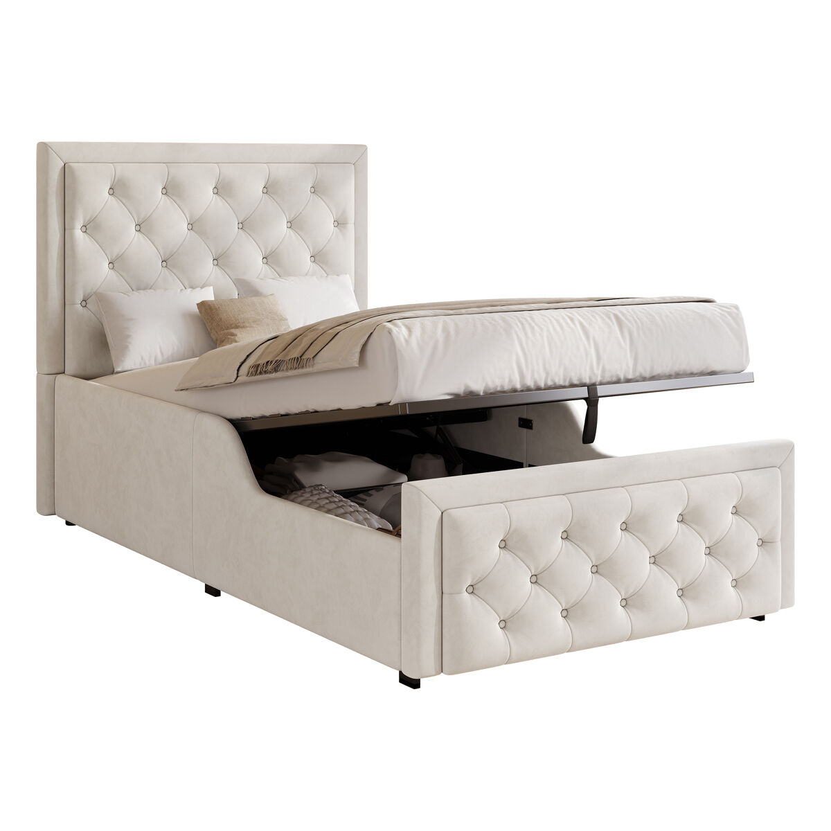 Cama de solteiro de veludo 90x200 cm com armazenamento,bege