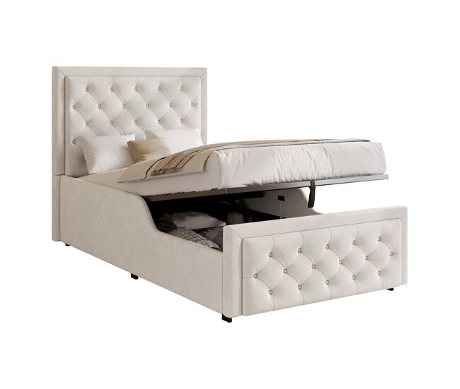 Cama de solteiro de veludo 90x200 cm com armazenamento,bege