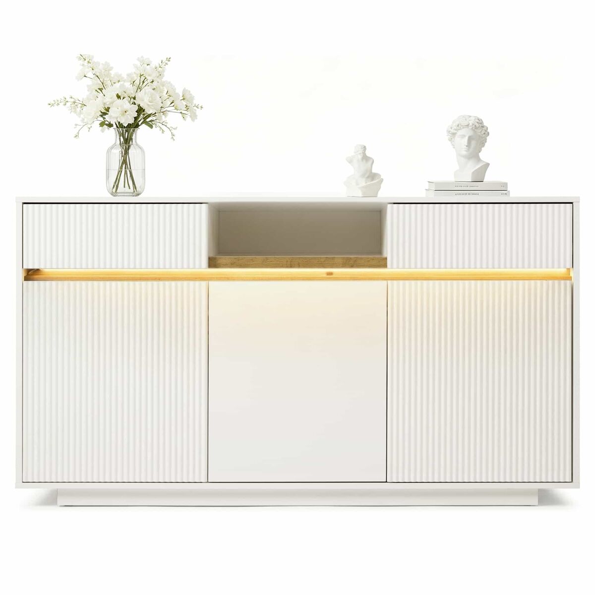 Aparador 140 x 40 x 85 cm - com led, 2 gavetas, 3 portas, prateleiras ajustáveis, design moderno, sala, corredor, cozinha - branco