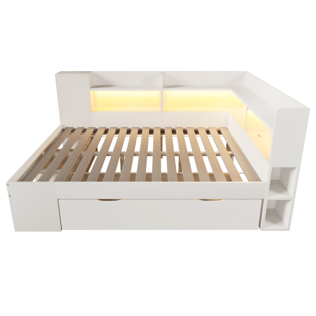 Cama funcional 140x200 cm - led, usb/tipo-c, arrumação e prateleiras - branco
