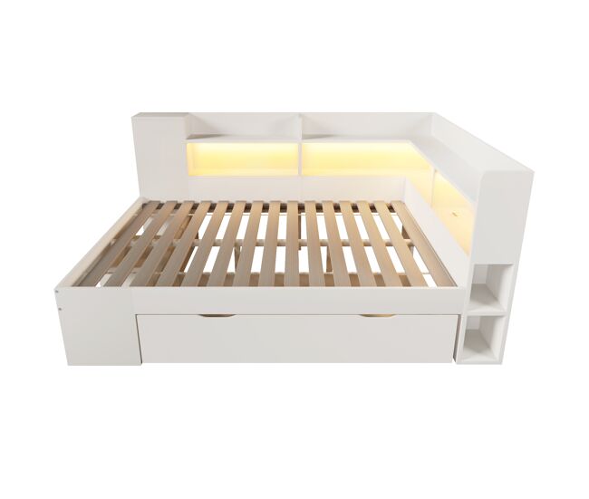Cama funcional 140x200 cm - led, usb/tipo-c, arrumação e prateleiras - branco