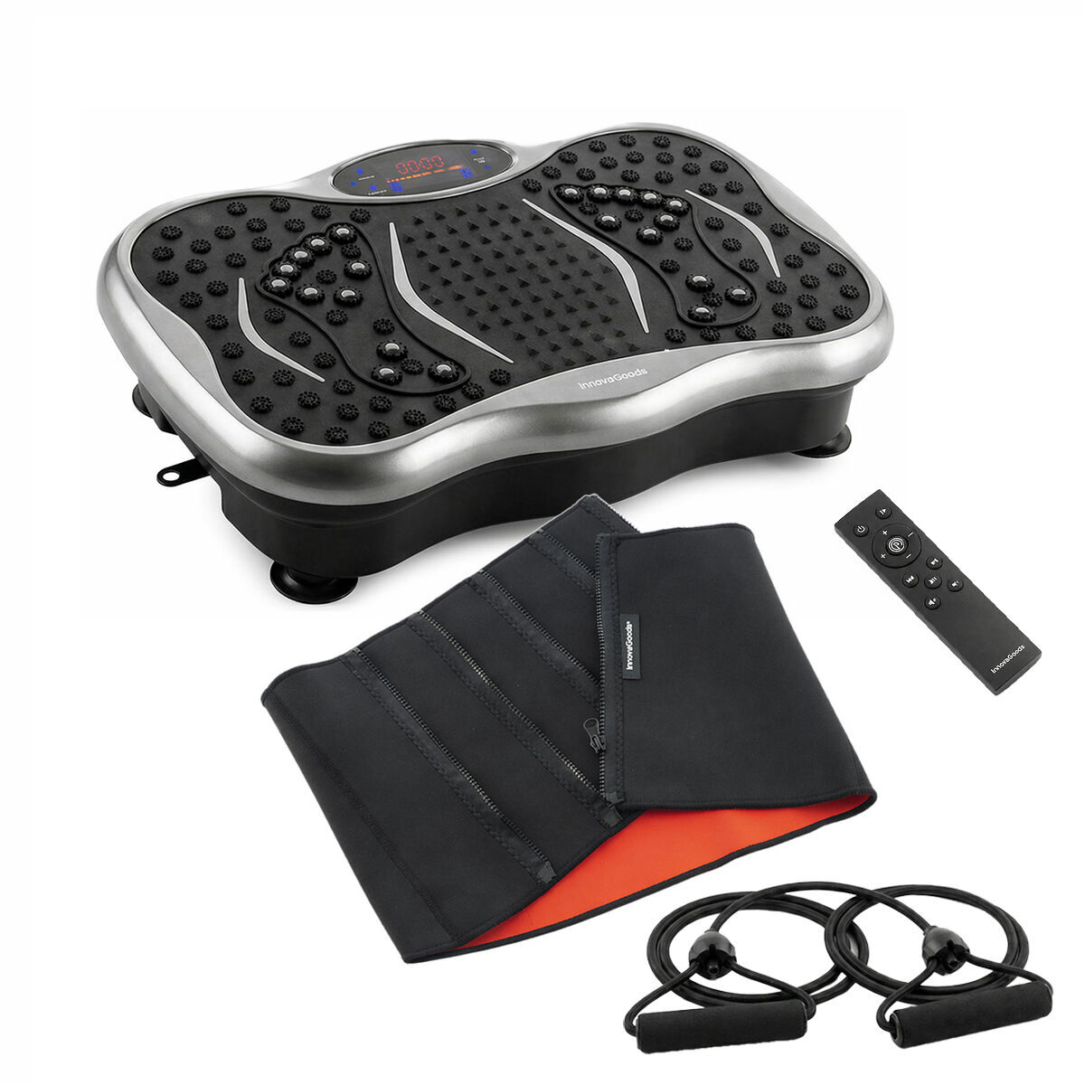 Pack plataforma vibratória, bandas elásticas e cinta sauna innovagoods