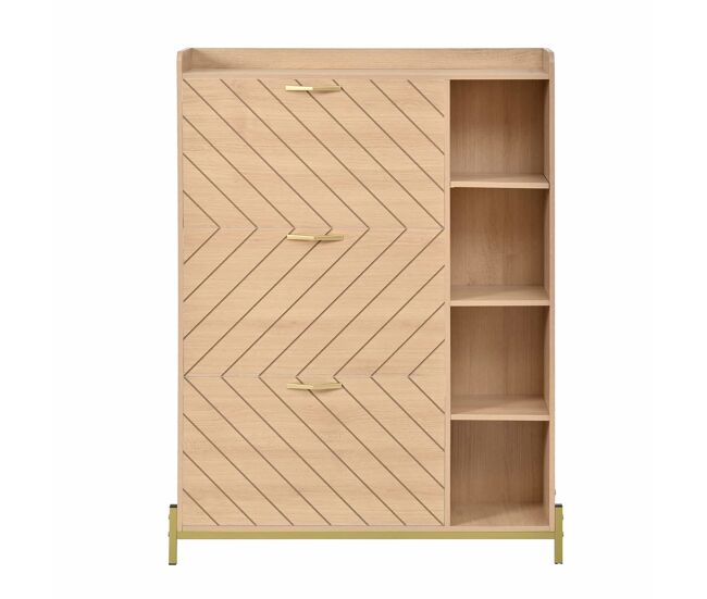 Aparador de entrada ultrafino - estilo nórdico, 3 portas basculantes, grande capacidade, prateleiras laterais abertas, acabamento em veios de carvalho