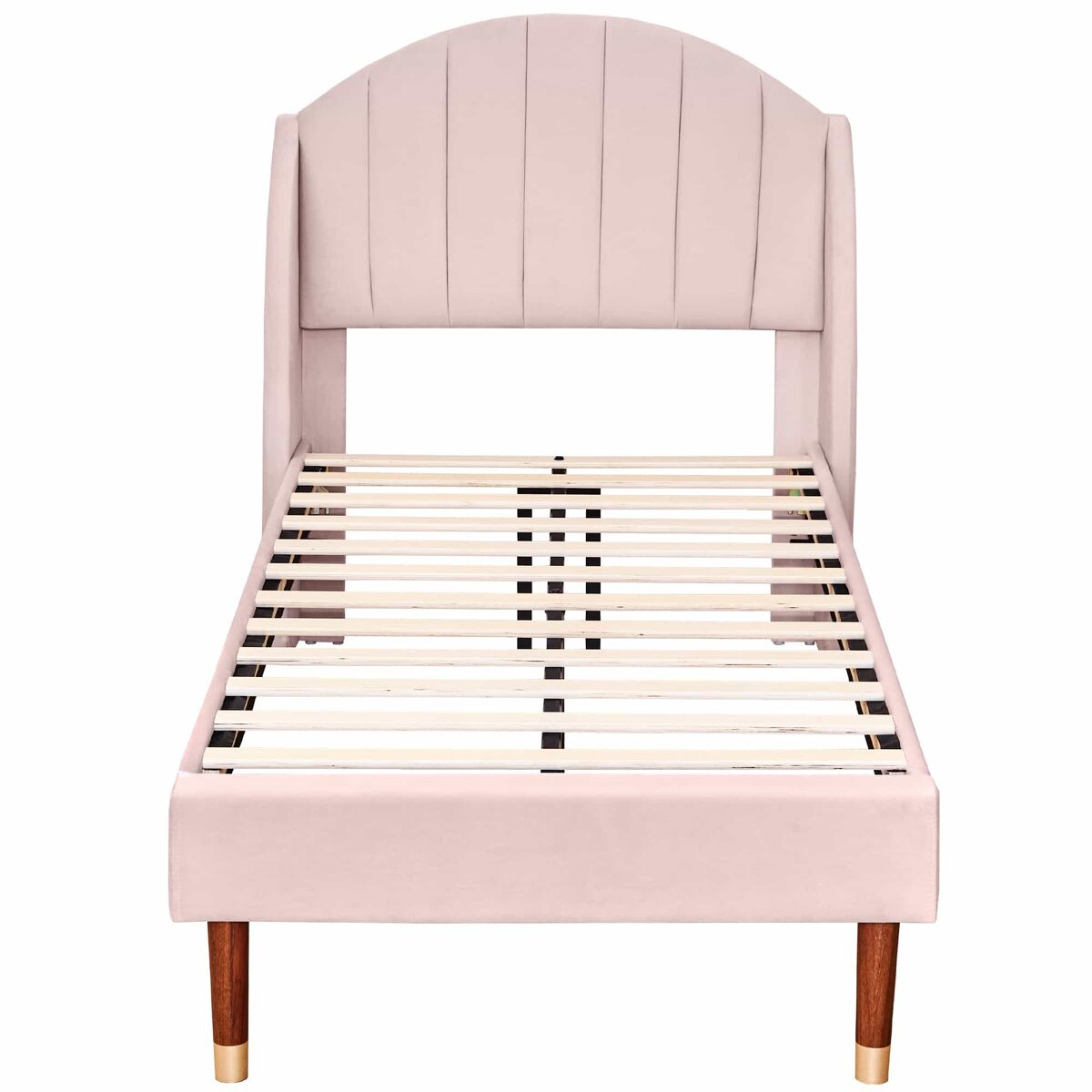 Cama estofada em veludo com estrado de ripas 90x200 cm - rosa