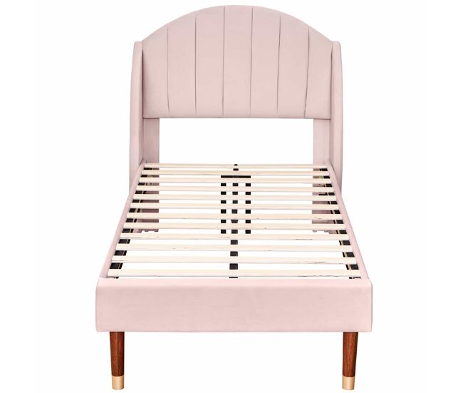 Cama estofada em veludo com estrado de ripas 90x200 cm - rosa
