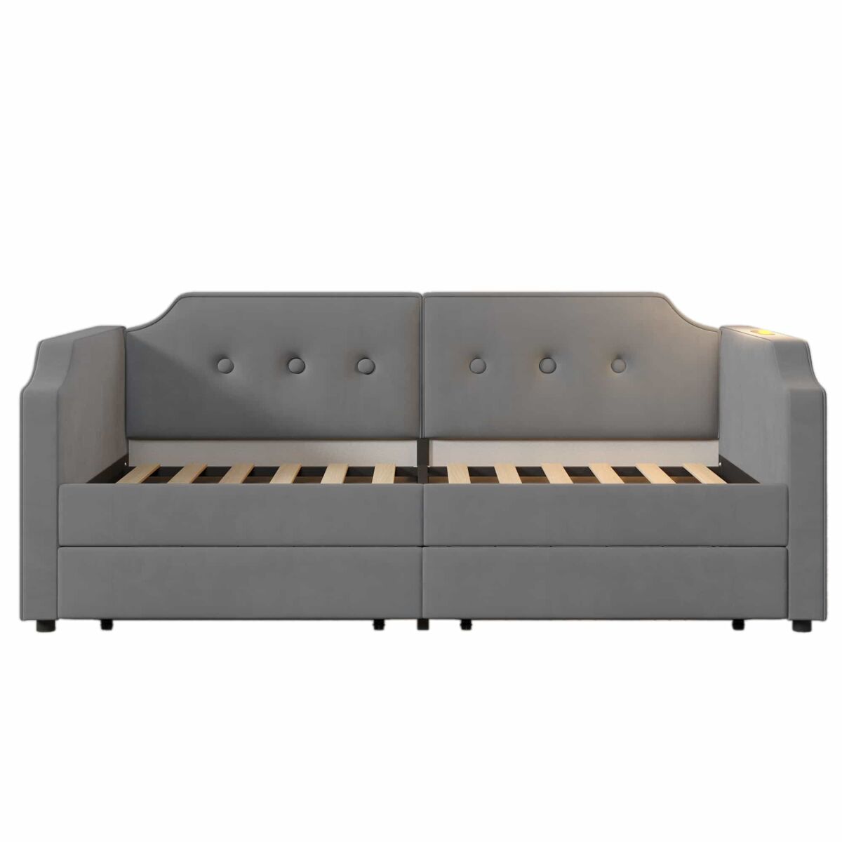 Sofá-cama de veludo 90x200 cm - com função de carga e led - com base de ripas - cinzento