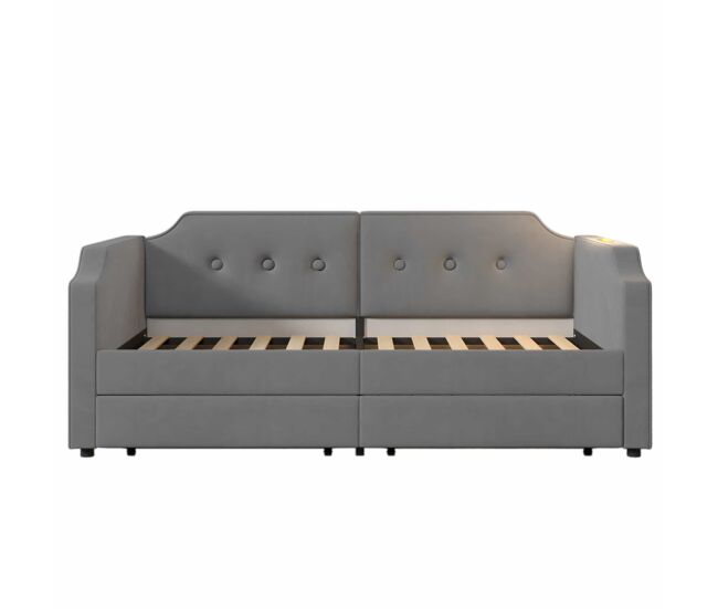 Sofá-cama de veludo 90x200 cm - com função de carga e led - com base de ripas - cinzento