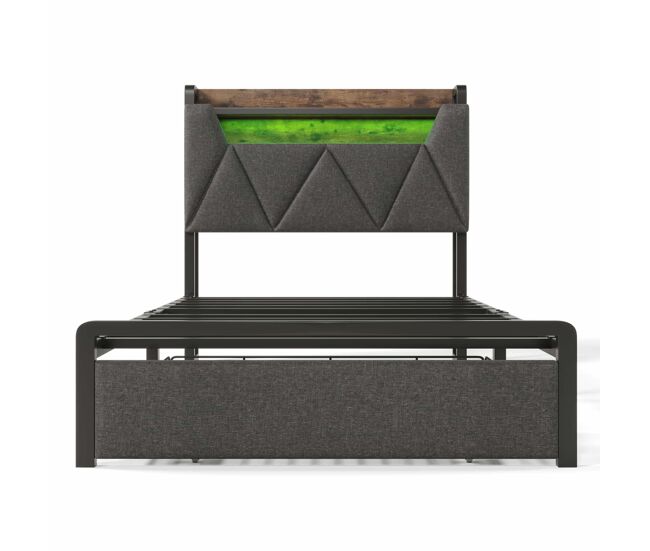Cama individual 90x200 cm - cama com função de carregamento usb tipo c, cabeceira com arrumação, iluminação led e gavetas - cinza