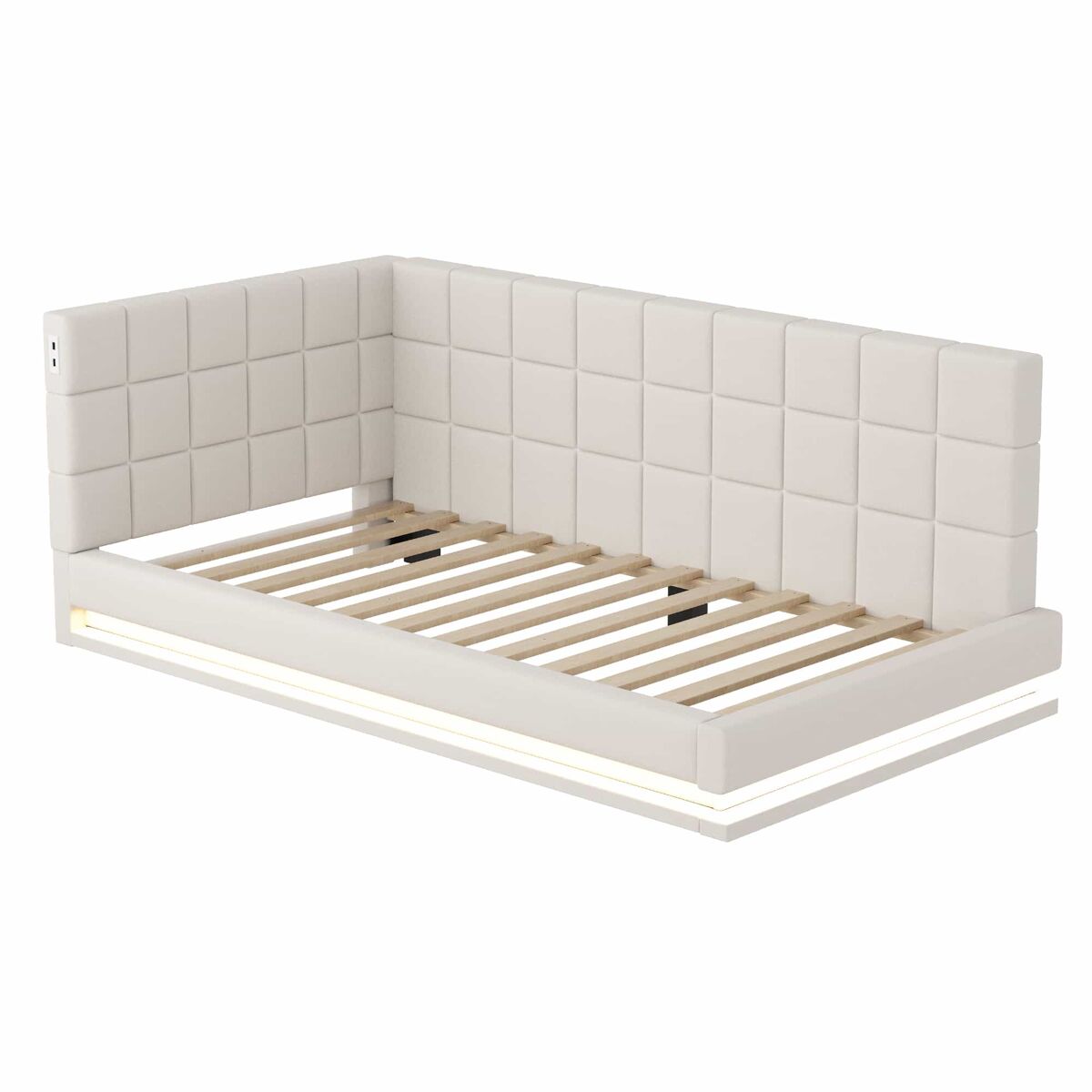 Sofá-cama com colchão de 90*200 - multifuncional com luz led, porta usb e estrado - bege