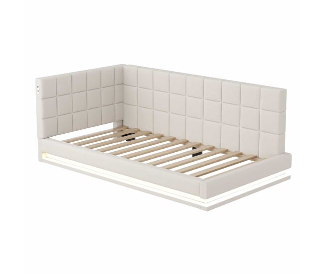 Sofá-cama com colchão de 90*200 - multifuncional com luz led, porta usb e estrado - bege