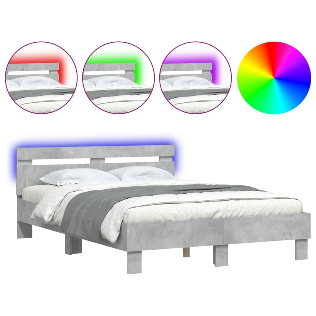 Estrutura de cama de casal cabeceira e luzes led - 120x200cm cinzento cimento